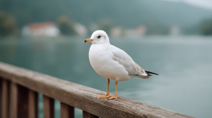 Obraz premium A Lively Gull Resting on a Wooden Rail by the Water Against a Soft Focus Background of Scenic Lakeside Landscape and Misty Hills