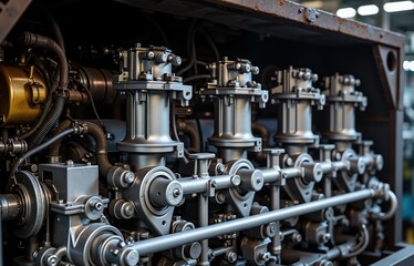 Fototapeta premium Industrial machinery close-up: vintage engine components for engineering and design inspiration