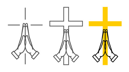 Icon of prayer with a cross. Emoji of clasped hands, palms. Symbol of request, apology, or gratitude. Pictogram for 