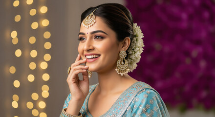 Elegant Indian woman in traditional attire with festive background