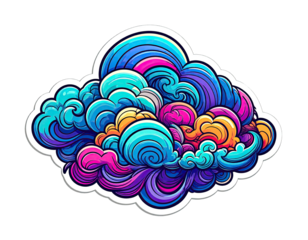 Colorful, stylized cloud illustration with vibrant waves of blue, pink, purple, yellow, and orange