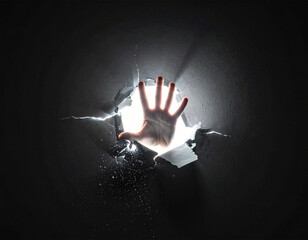  A minimalistic scene of a single illuminated hand breaking through a dark background,
