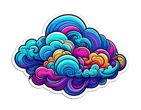 Colorful, stylized cloud illustration with vibrant waves of blue, pink, purple, yellow, and orange