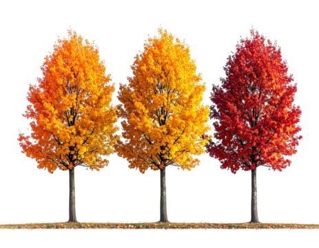 Three vibrant trees with colorful autumn foliage against a transparent background