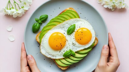 Avocado toast with fried eggs and basil on plate - Powered by Adobe