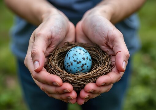 Nurturing spring hope: hands cradling a speckled blue egg in a bird nest for renewal and new beginnings