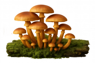 Group of honey mushrooms growing on green moss, wild edible fungi isolated, transparent background