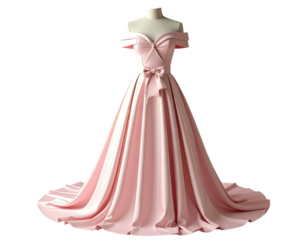 Elegant pale pink off-shoulder gown on a mannequin, with a bow and flowing skirt