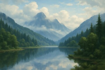 Naklejka premium Serene Mountain Landscape with Reflections in a Calm Lake