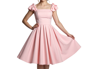 A woman in a pink knee-length dress with a square neckline, and puffed sleeves