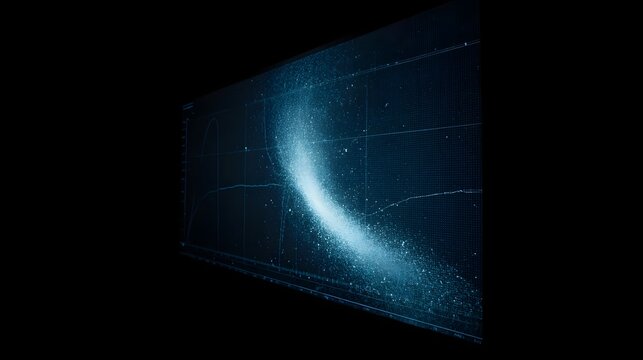 Detailed scientific graph visualizing a luminous cosmic trajectory with scattered data points on a high contrast digital screen