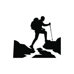 Fototapeta premium Hiker with backpack and pole climbing rocks silhouette