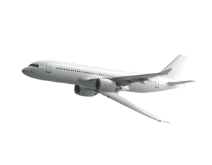 A side-view illustration of a large passenger plane, set against a transparent black backdrop