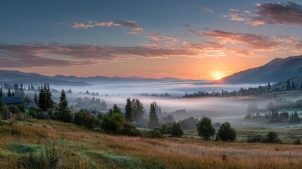 Obraz premium Serene Mountain Valley Sunrise with Ethereal Fog and Golden Hues