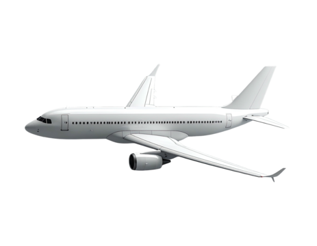 A side-view illustration of a white passenger airplane against a black background