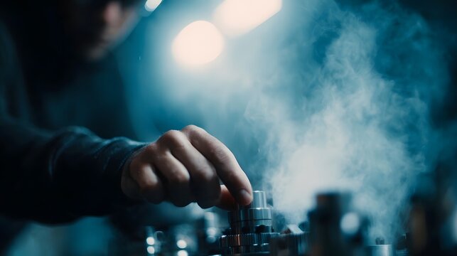 Close up of a hand adjusting intricate industrial hinery with steam under atmospheric lighting - Powered by Adobe
