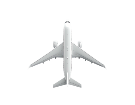 Overhead view of a modern passenger jet, wings spread wide, on a completely black background