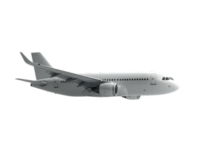 Side view rendering of a monochrome passenger airliner with two underwing engines on black background