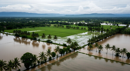 Obraz premium Aerial view of flooded rice paddies with palm trees after heavy rainfall