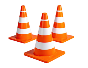Three orange and white traffic cones with square bases, set against a black background