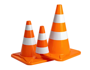 Three orange and white striped traffic cones of varying sizes stand against a black background