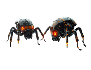 Two futuristic robotic spider-like creatures with glowing eyes and intricate mechanical details