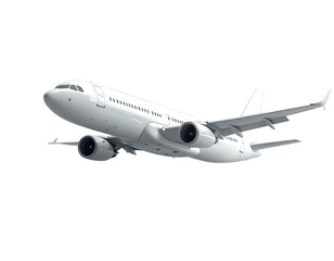 Fototapeta premium White commercial jet airliner in mid-flight against a stark black background, angled and isolated