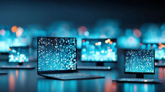 Repetitive work digital screen laptop monitor data code pattern futuristic glowing smart server network nodes cityscape energetic - Powered by Adobe