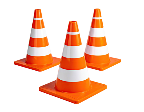 Three orange and white traffic cones with square bases, set against a black background