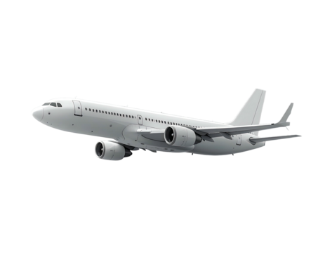 A white jet airliner, side view, appearing in mid-air, with large engines, against a transparent background