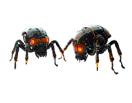 Two futuristic robotic spider-like creatures with glowing eyes and intricate mechanical details