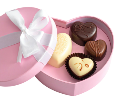A pink heart-shaped box with a white ribbon holds assorted heart-shaped chocolates