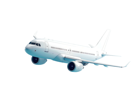 A side view of a white passenger plane soaring through a soft, blue-toned atmosphere