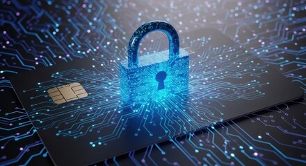 A padlock with a glowing blue light on a circuit board background.