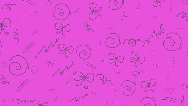 Playful seamless pattern featuring hand-drawn bows, spirals, and decorative lines on a bright pink background. Great for gift wrap, textile prints, or cheerful design projects.