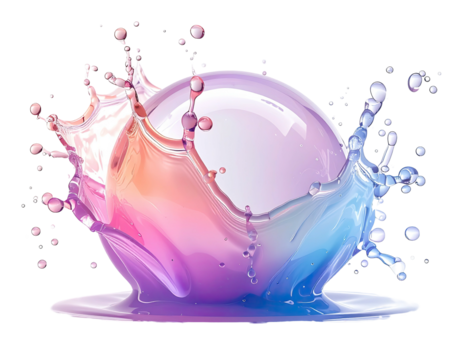 A translucent orb bursts through a colorful liquid explosion, with droplets and flares