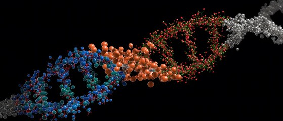 Colorful DNA molecule with varying shades and textures against black.