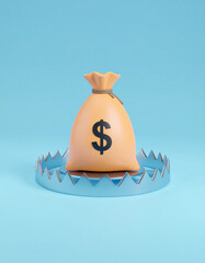 Money bag with dollar sign placed inside shiny metallic bear trap on blue background, symbolizing financial risk and danger in simple concept