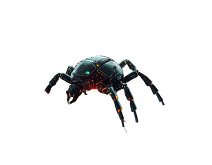 A mechanical spider with glowing orange accents and green lights against a black background