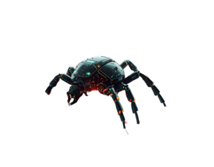 A mechanical spider with glowing orange accents and green lights against a black background