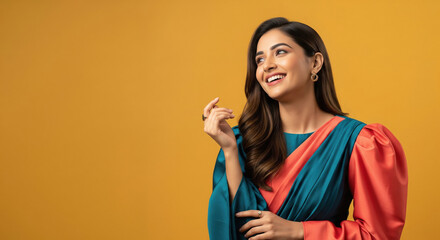Happy young woman looking up with radiant smile.