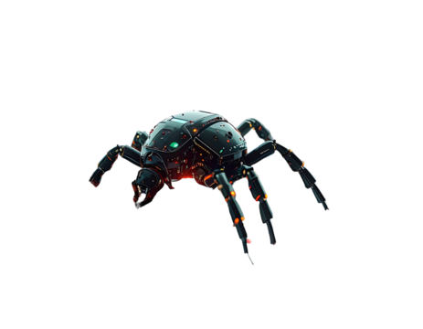 A mechanical spider with glowing orange accents and green lights against a black background