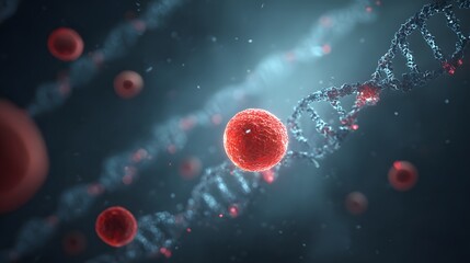 Red blood cells float near a DNA helix with glowing particles.