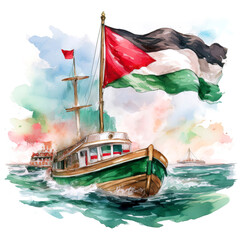 Watercolor depicting a humanitarian boat with a Palestinian flag for a free Palestine, on a white background. A flotilla illustration symbolizing solidarity, love, and humanity. 