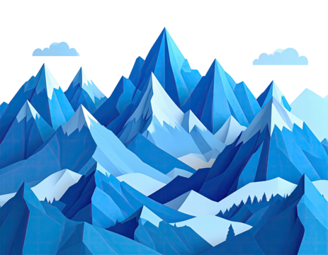 A geometric mountain range rises against a black backdrop, with stylized clouds