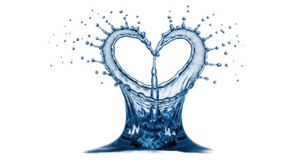 Vibrant blue heart-shaped water splash, crystalline droplets radiating outwards, isolated on a transparent background with dramatic studio lighting, concept of fluid vitality