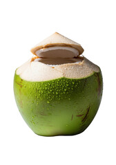 Vibrant green coconut, cleanly sliced, revealing creamy white flesh and glistening water droplets, isolated on transparent background, dramatic macro low-angle studio shot. Concept of crisp tropical