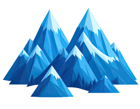 Stylized graphic depiction of multiple snow-capped mountains and trees