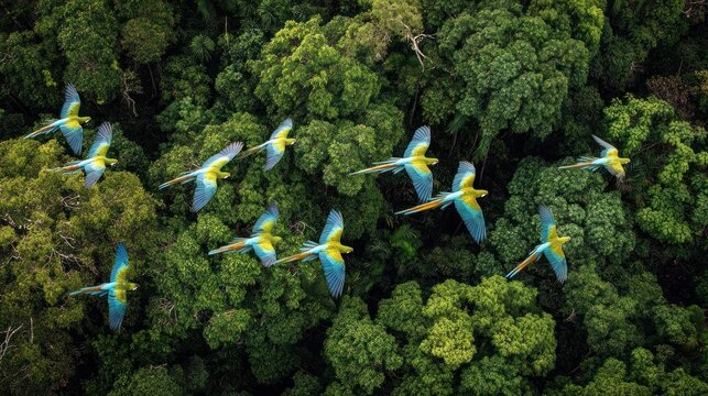 Vivid Blue-and-Yellow Macaws in Dynamic Flight Above Pristine Green Rainforest Canopy, Aerial View