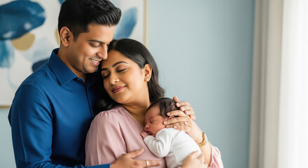 Fototapeta premium Happy Indian Parents Embrace Their Sleeping Newborn Baby